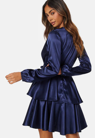 Satin Deep V Ruffle Skater Dress