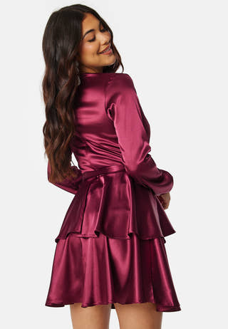 Satin Deep V Ruffle Skater Dress