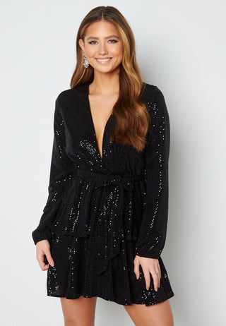Sequin Deep V Ruffle Skater Dress