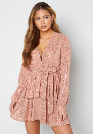 Sequin Deep V Ruffle Skater Dress