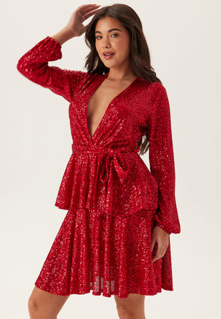 Sequin Deep V Ruffle Skater Dress
