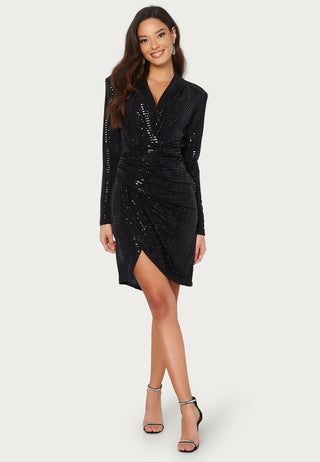 Sequin Long Sleeve Rouch Mini Dress