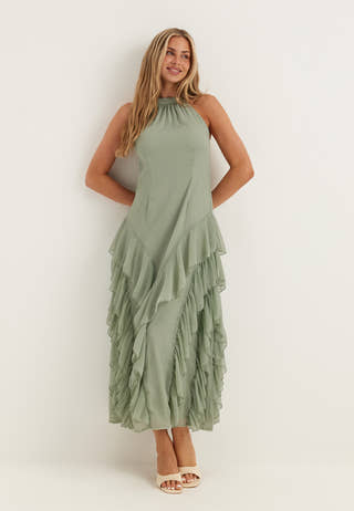 Vila Visella Halterneck Flounch Dress Dresses Green Vila Visella Halterneck Flounch Dress Dresses Green